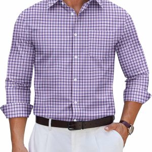 Mens Dress Shirts Long Sleeve Plaid Cotton Button Down Shirts Wrinkle Free Business Casual Shirt